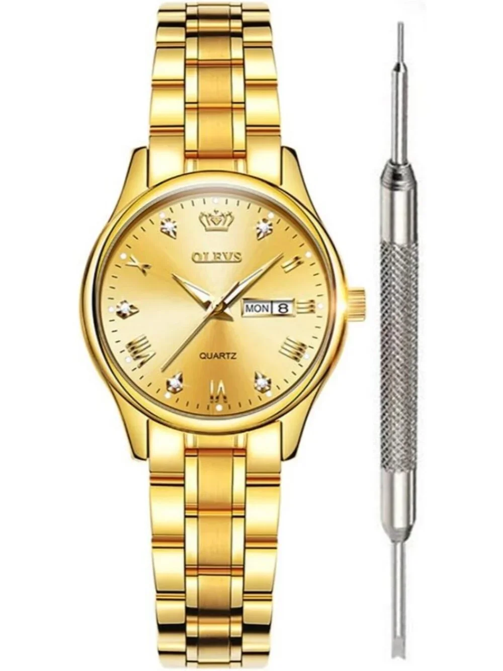 Women's Gold Crystal Accent Analog Quartz Roman Numerals Dial Fashion Wristwatch